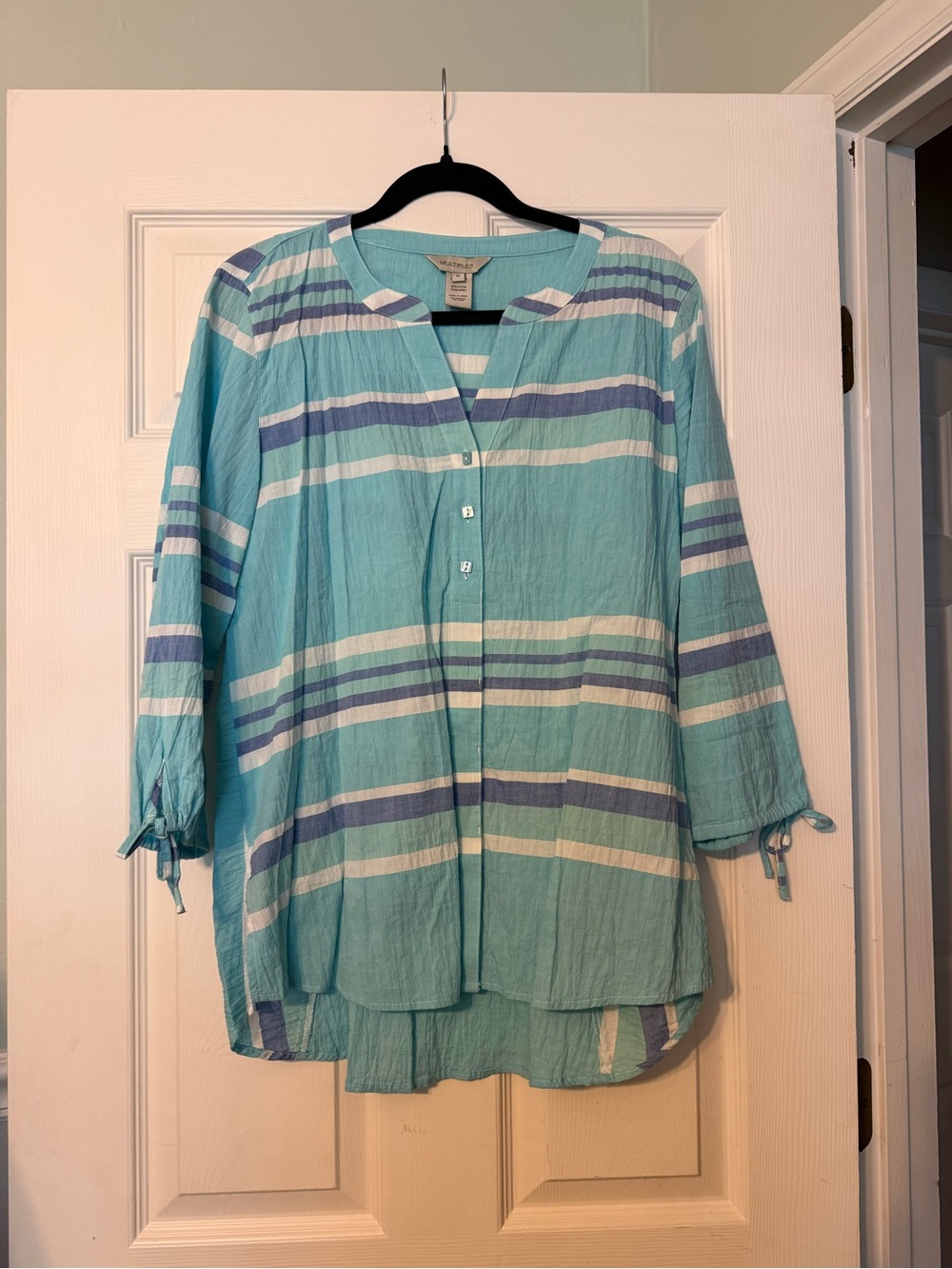 Multiples Aqua, White and Blue Striped Tunic Blouse